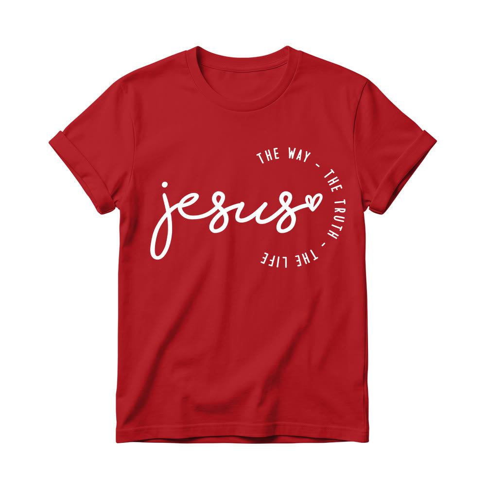 Christianartworkshop Handgeschriebenes Jesus-Herz-Akzent-Bogen-T-Shirt für Damen mit Rundhalsausschnitt – Der Weg, die Wahrheit, das Leben - Rot - 4XL - image 14