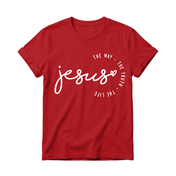 Christianartworkshop Handgeschriebenes Jesus-Herz-Akzent-Bogen-T-Shirt für Damen mit Rundhalsausschnitt – Der Weg, die Wahrheit, das Leben - Rot - 4XL - image 14