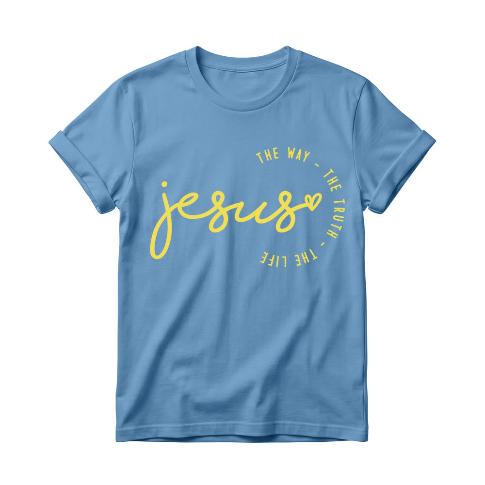Christianartworkshop Handgeschriebenes Jesus-Herz-Akzent-Bogen-T-Shirt für Damen mit Rundhalsausschnitt – Der Weg, die Wahrheit, das Leben - Blau - 4XL - image 10