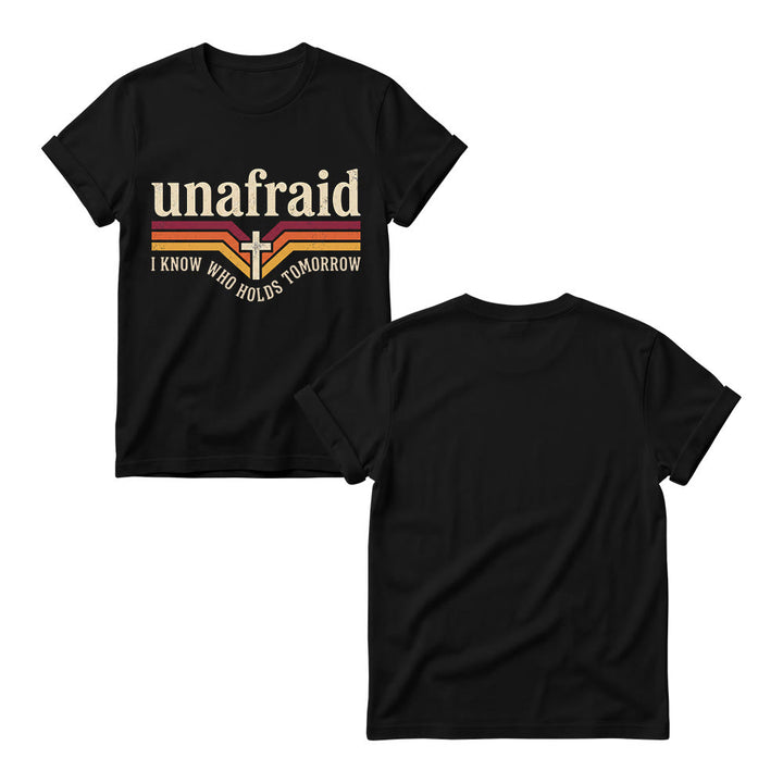 Christianartworkshop Retro-Streifen-T-Shirt mit Kreuz, abgerundetem Saum und Slogan „Unafraid“ für Damen - image 3