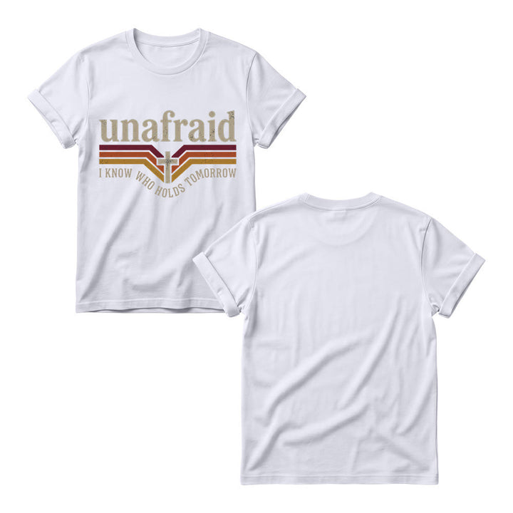 Christianartworkshop Retro-Streifen-T-Shirt mit Kreuz, abgerundetem Saum und Slogan „Unafraid“ für Damen - image 7