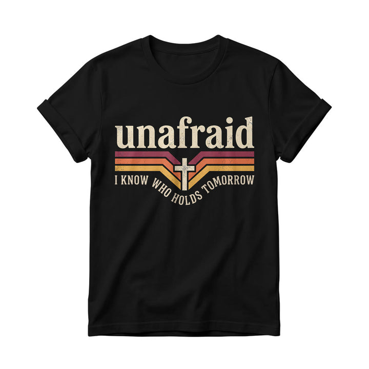 Christianartworkshop Retro-Streifen-T-Shirt mit Kreuz, abgerundetem Saum und Slogan „Unafraid“ für Damen - Schwarz - 4XL - image 2