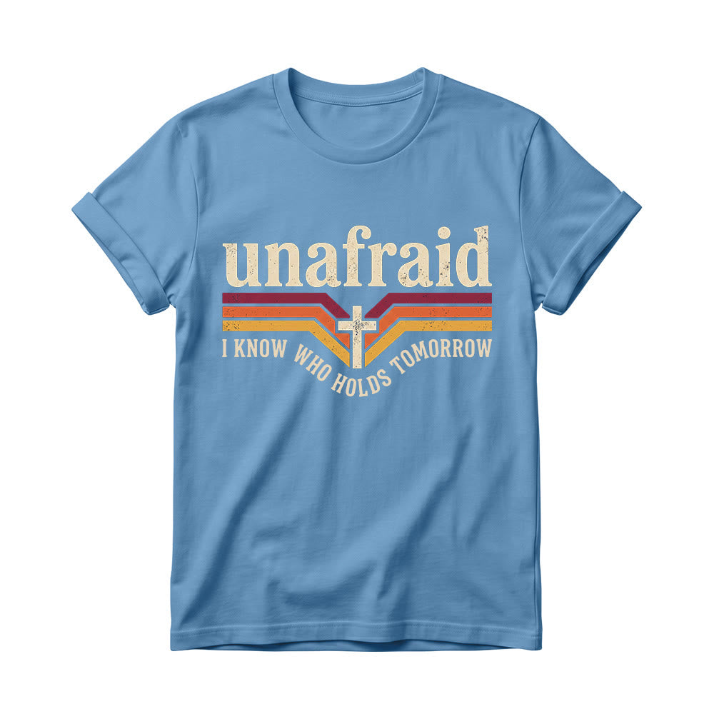 Christianartworkshop Retro-Streifen-T-Shirt mit Kreuz, abgerundetem Saum und Slogan „Unafraid“ für Damen - Blau - 4XL - image 0