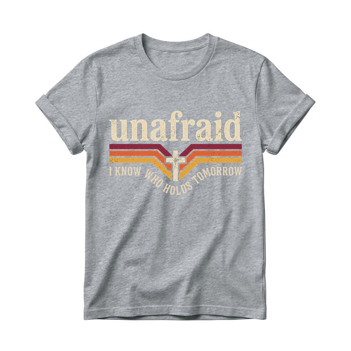 Christianartworkshop Retro-Streifen-T-Shirt mit Kreuz, abgerundetem Saum und Slogan „Unafraid“ für Damen - Grau - 4XL - image 10
