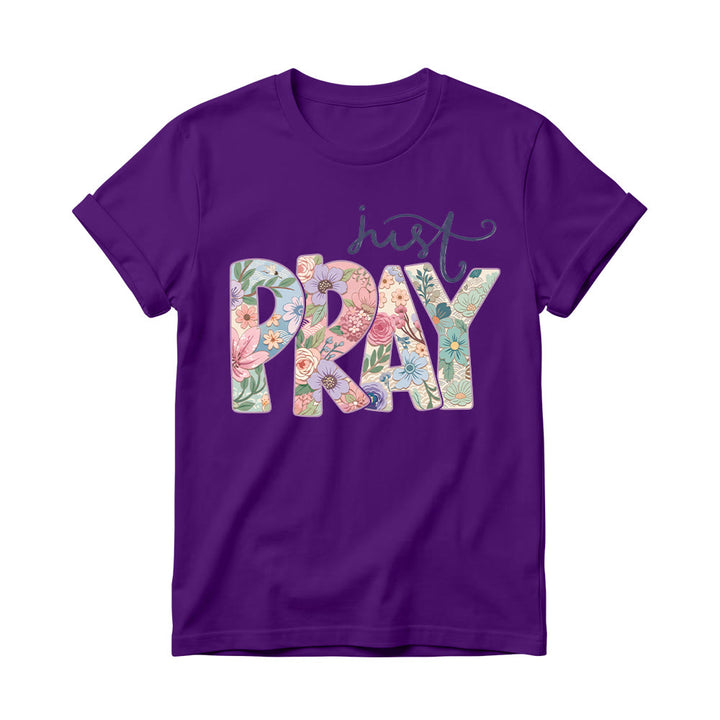 Christianartworkshop Floral Fill Pray Letter Top Cursive Just Women’s Crewnecks T-Shirt - Lila - 4XL - image 12
