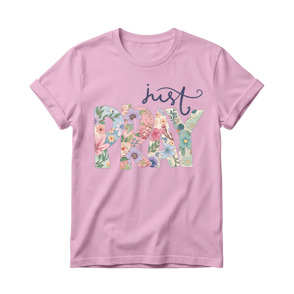 Christianartworkshop Floral Fill Pray Letter Top Cursive Just Women’s Crewnecks T-Shirt - Rosa - 4XL - image 4
