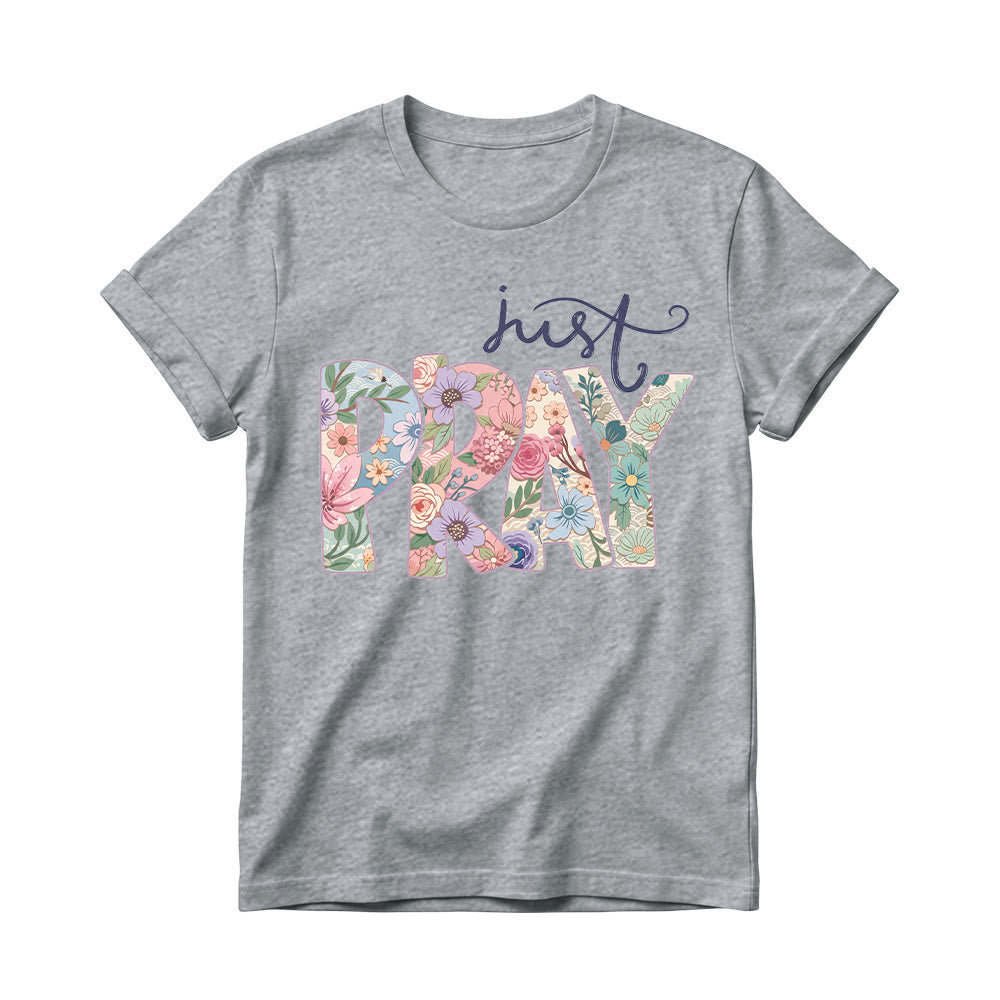 Christianartworkshop Floral Fill Pray Letter Top Cursive Just Women’s Crewnecks T-Shirt - Grau - 4XL - image 10