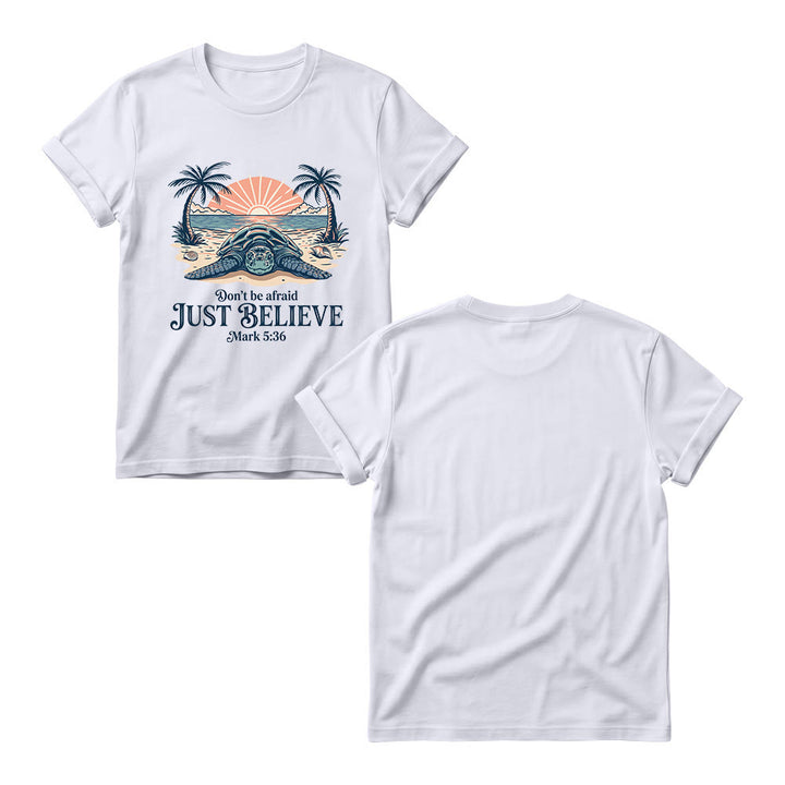Christianartworkshop Strand-Sonnenuntergang, Palme, Meeresschildkröte – Fürchte dich nicht, glaube einfach (Markus 5,36) – Damen-T-Shirt mit Rundhalsausschnitt - image 7
