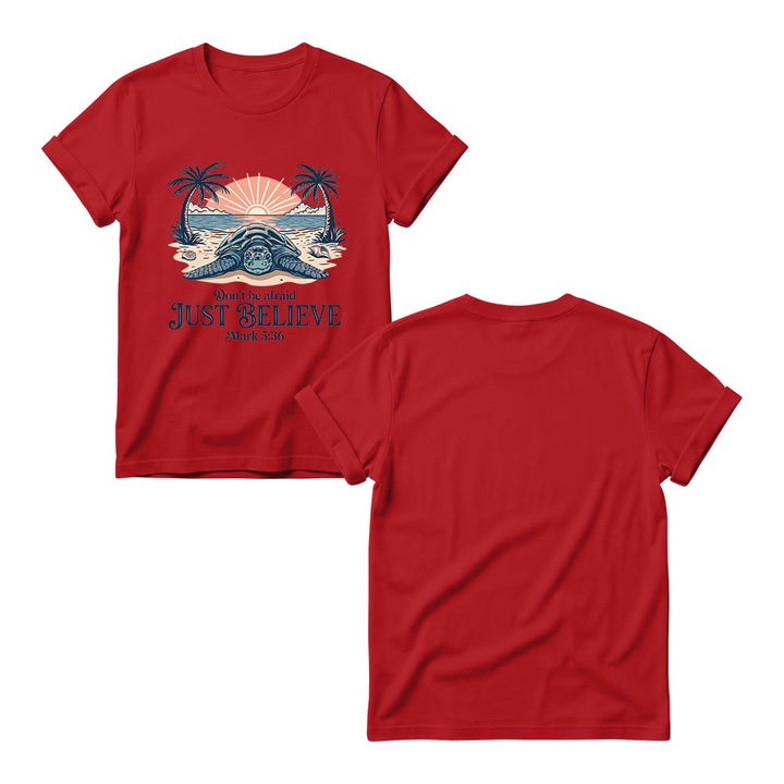 Christianartworkshop Strand-Sonnenuntergang, Palme, Meeresschildkröte – Fürchte dich nicht, glaube einfach (Markus 5,36) – Damen-T-Shirt mit Rundhalsausschnitt - image 15