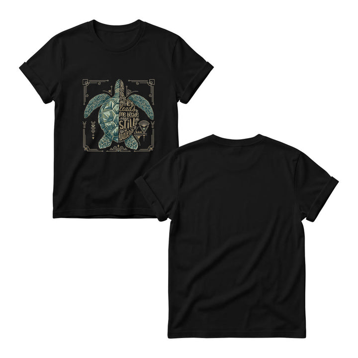 Christianartworkshop Damen-T-Shirt mit Rundhalsausschnitt, verziert mit geometrischem Muster, Meeresschildkröte, verziertem Rand und Psalm-Andachtsspruch - image 3