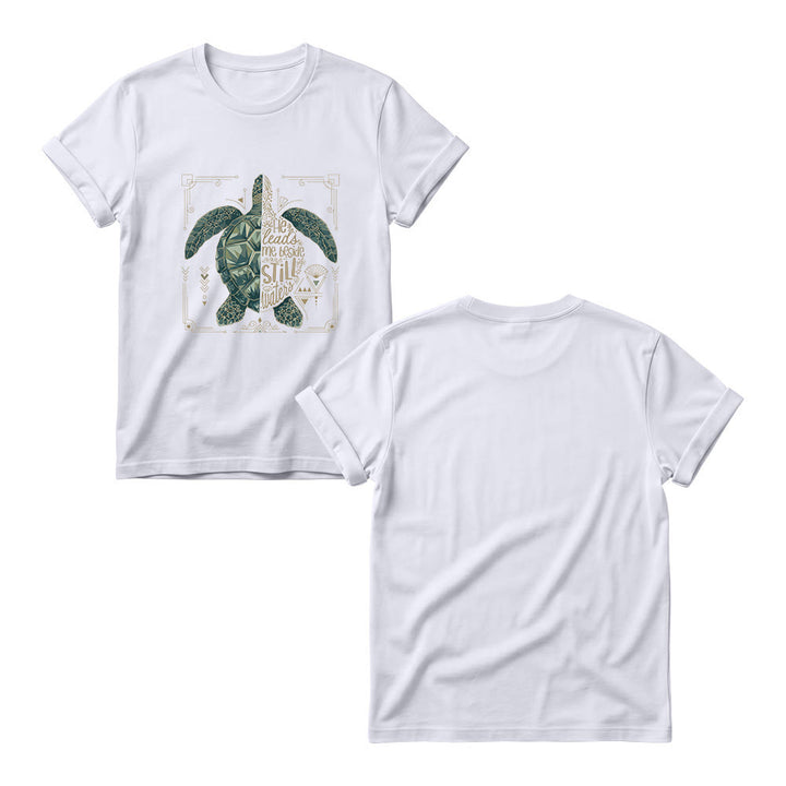 Christianartworkshop Damen-T-Shirt mit Rundhalsausschnitt, verziert mit geometrischem Muster, Meeresschildkröte, verziertem Rand und Psalm-Andachtsspruch - image 7