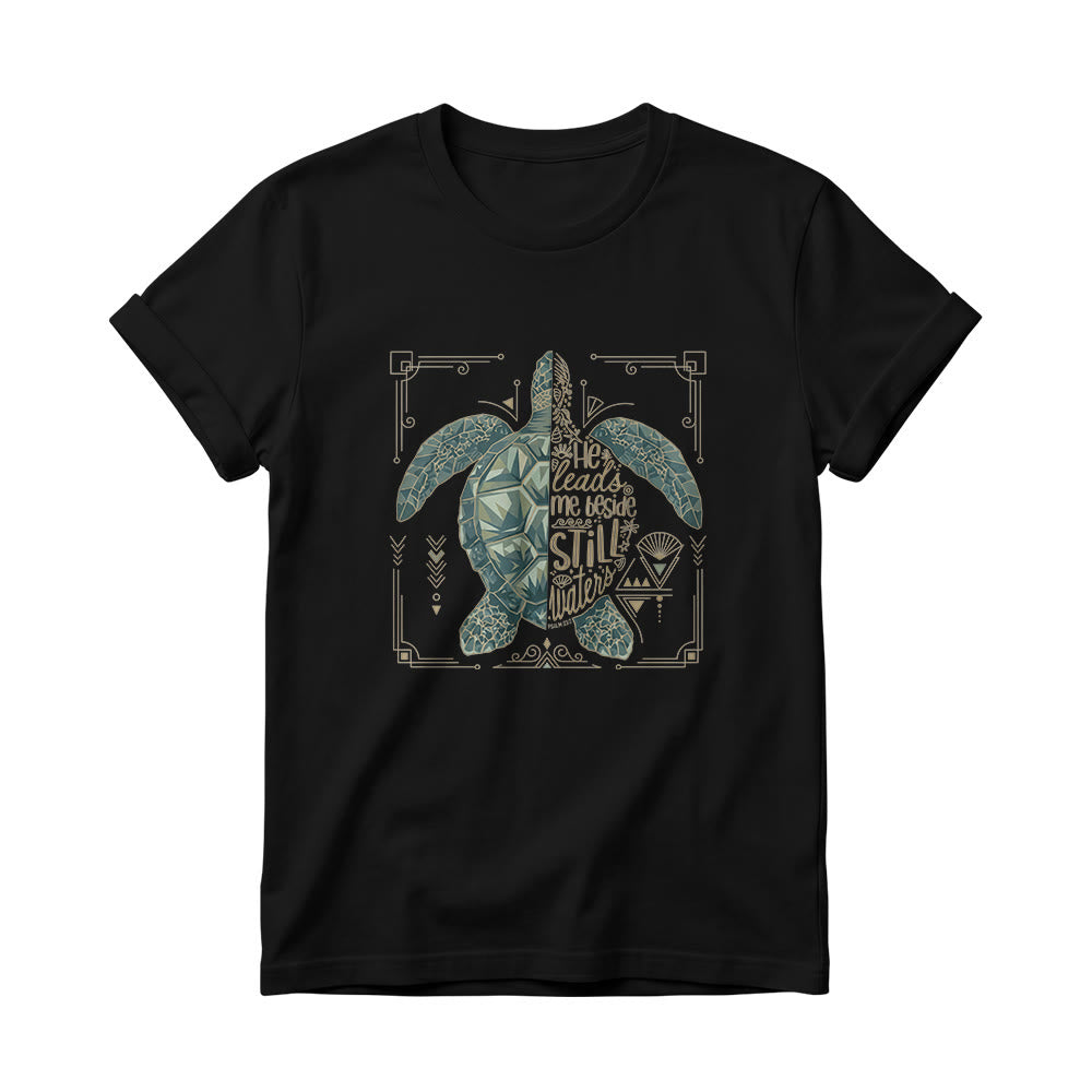 Christianartworkshop Damen-T-Shirt mit Rundhalsausschnitt, verziert mit geometrischem Muster, Meeresschildkröte, verziertem Rand und Psalm-Andachtsspruch - Schwarz - 4XL - image 2