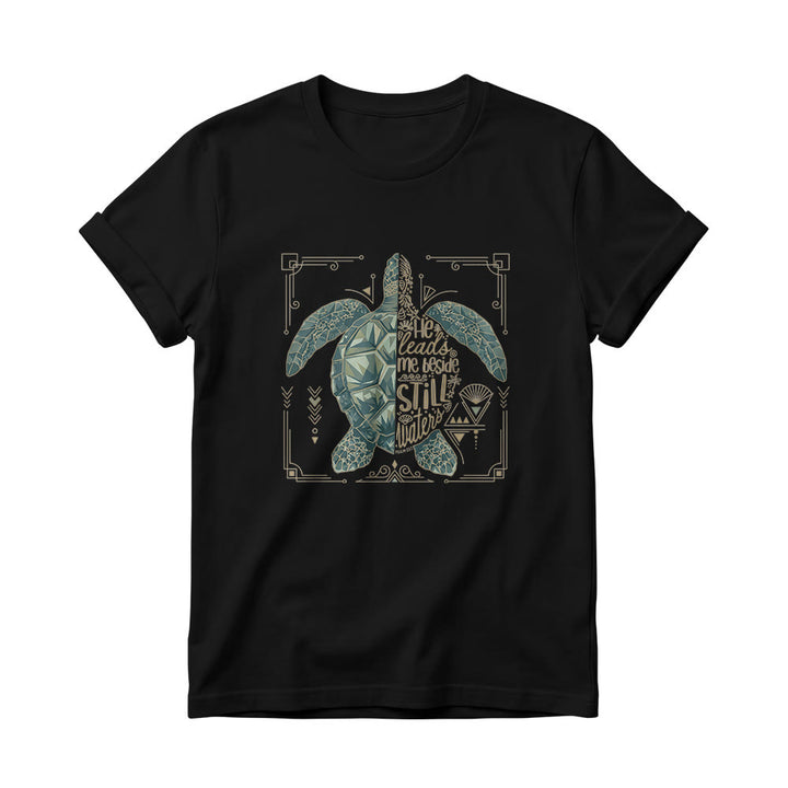 Christianartworkshop Damen-T-Shirt mit Rundhalsausschnitt, verziert mit geometrischem Muster, Meeresschildkröte, verziertem Rand und Psalm-Andachtsspruch - Schwarz - 4XL - image 2