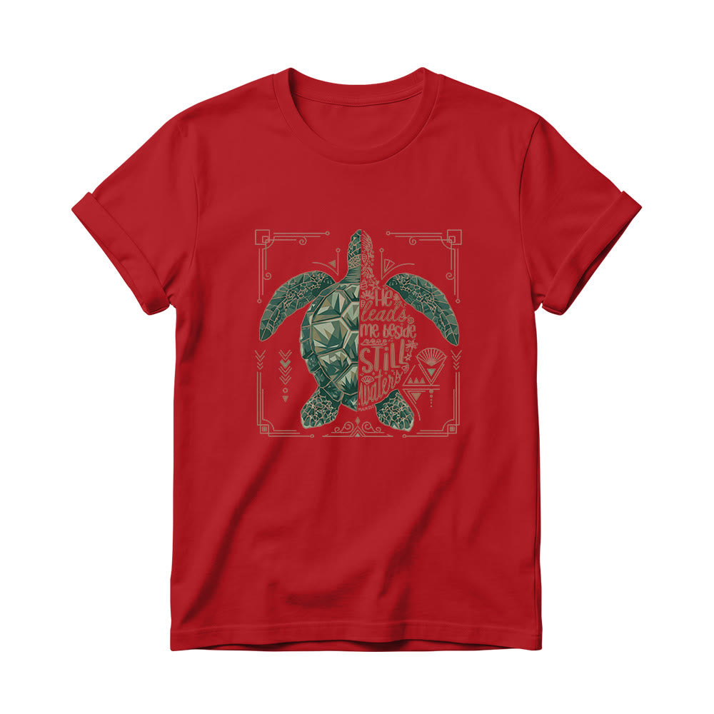 Christianartworkshop Damen-T-Shirt mit Rundhalsausschnitt, verziert mit geometrischem Muster, Meeresschildkröte, verziertem Rand und Psalm-Andachtsspruch - Rot - 4XL - image 14