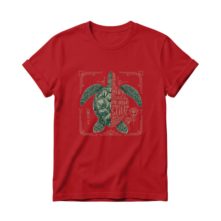 Christianartworkshop Damen-T-Shirt mit Rundhalsausschnitt, verziert mit geometrischem Muster, Meeresschildkröte, verziertem Rand und Psalm-Andachtsspruch - Rot - 4XL - image 14