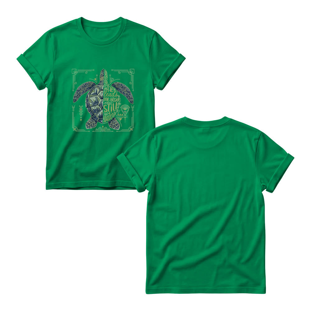 Christianartworkshop Damen-T-Shirt mit Rundhalsausschnitt, verziert mit geometrischem Muster, Meeresschildkröte, verziertem Rand und Psalm-Andachtsspruch - image 17