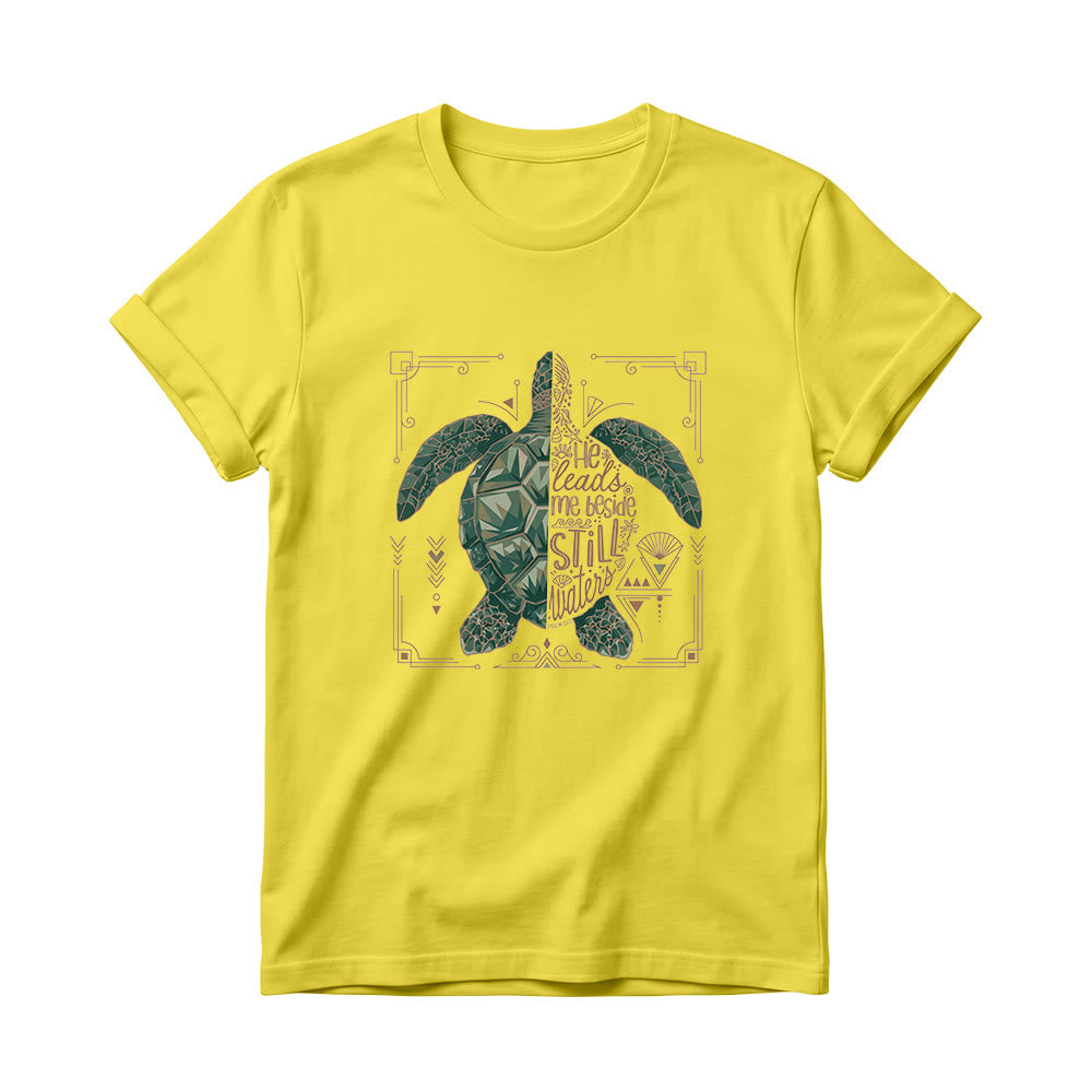 Christianartworkshop Damen-T-Shirt mit Rundhalsausschnitt, verziert mit geometrischem Muster, Meeresschildkröte, verziertem Rand und Psalm-Andachtsspruch - Gelb - 4XL - image 8