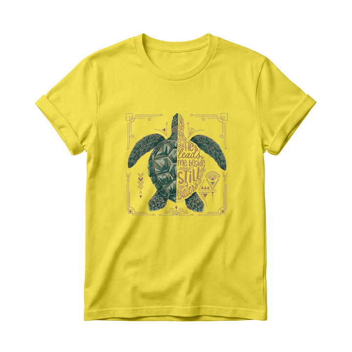 Christianartworkshop Damen-T-Shirt mit Rundhalsausschnitt, verziert mit geometrischem Muster, Meeresschildkröte, verziertem Rand und Psalm-Andachtsspruch - Gelb - 4XL - image 8