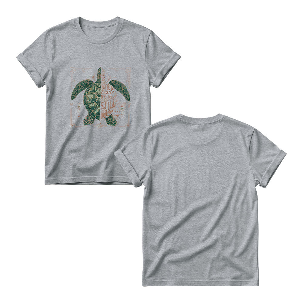 Christianartworkshop Damen-T-Shirt mit Rundhalsausschnitt, verziert mit geometrischem Muster, Meeresschildkröte, verziertem Rand und Psalm-Andachtsspruch - image 11