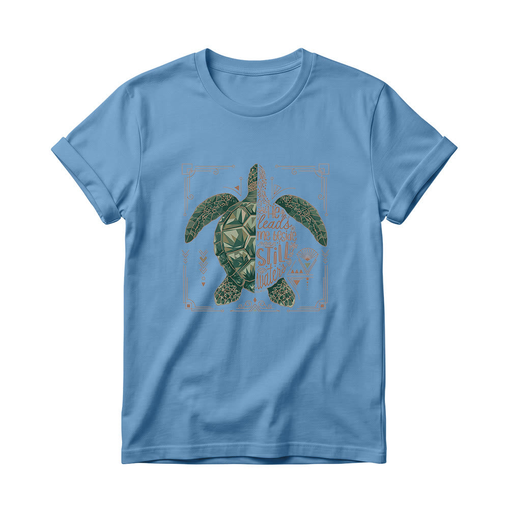 Christianartworkshop Damen-T-Shirt mit Rundhalsausschnitt, verziert mit geometrischem Muster, Meeresschildkröte, verziertem Rand und Psalm-Andachtsspruch - Blau - 4XL - image 0