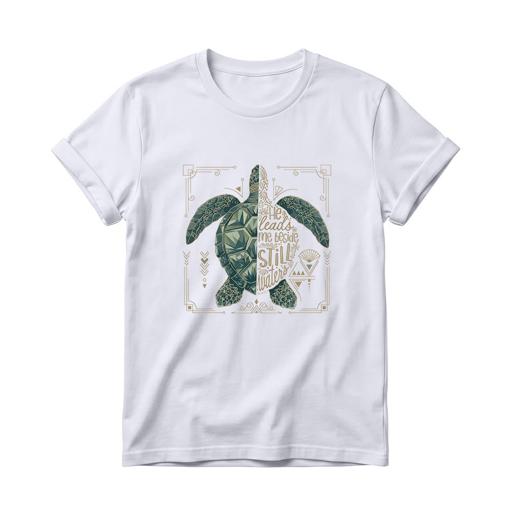 Christianartworkshop Damen-T-Shirt mit Rundhalsausschnitt, verziert mit geometrischem Muster, Meeresschildkröte, verziertem Rand und Psalm-Andachtsspruch - Weiß - 4XL - image 6