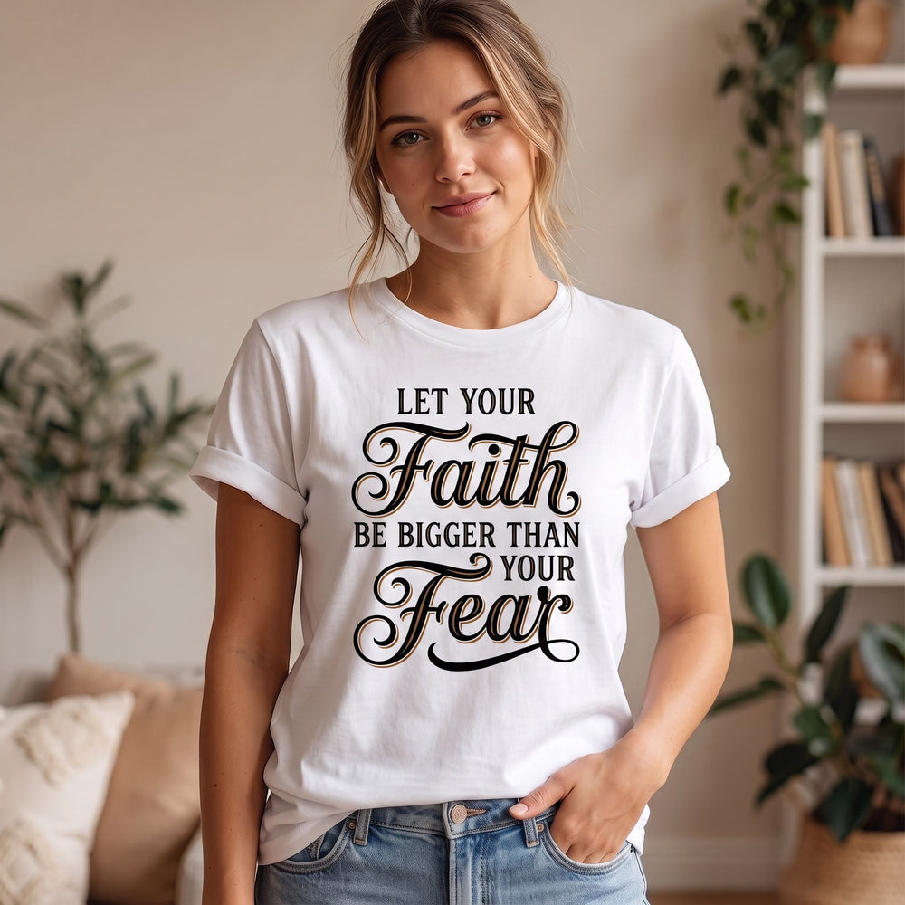 Christianartworkshop Dekoratives, geschwungenes Schlüsselmotiv mit Schriftzug „Glaube & Angst“ – Lässiges Damen-T-Shirt mit Rundhalsausschnitt - image 1