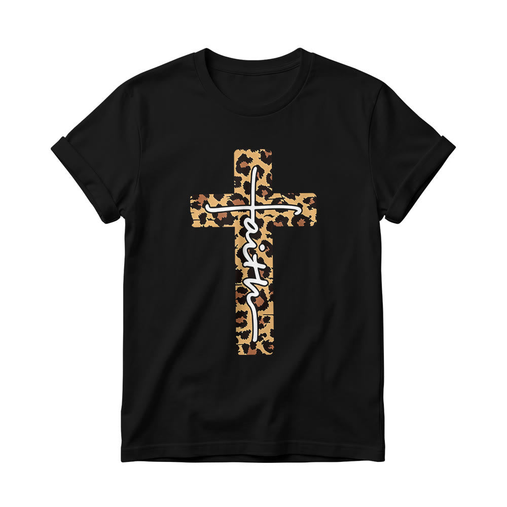 Christianartworkshop Leopardenmuster-T-Shirt mit handgeschriebenem Buchstaben „Glaube“ und vertikalem Kreuz – Damen-Rundhals-Shirt - Schwarz - 4XL - image 8