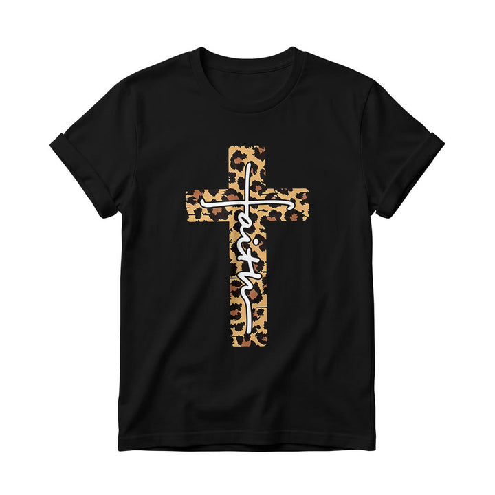 Christianartworkshop Leopardenmuster-T-Shirt mit handgeschriebenem Buchstaben „Glaube“ und vertikalem Kreuz – Damen-Rundhals-Shirt - Schwarz - 4XL - image 8