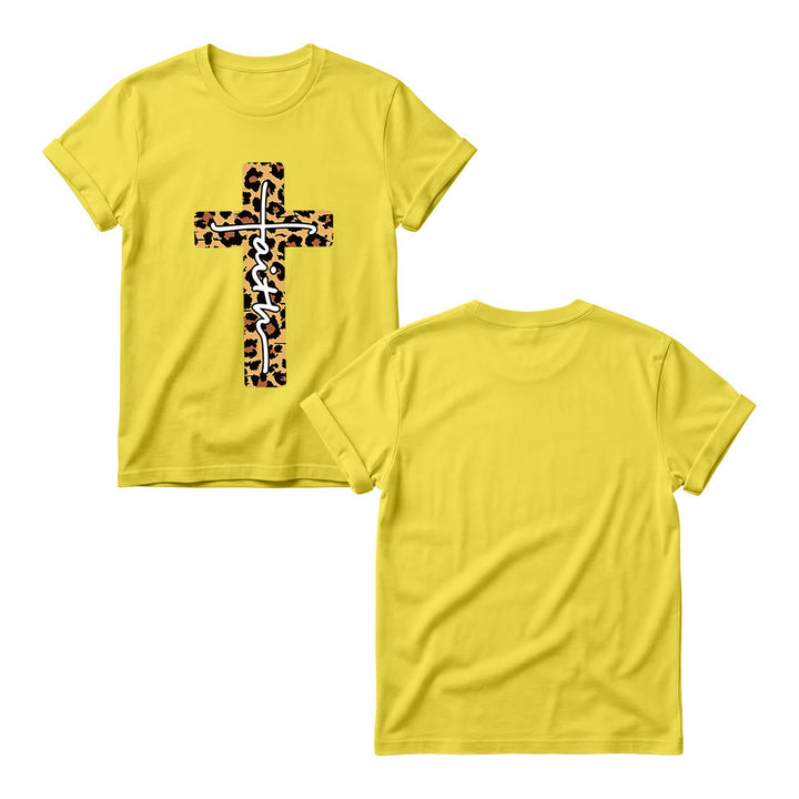 Christianartworkshop Leopardenmuster-T-Shirt mit handgeschriebenem Buchstaben „Glaube“ und vertikalem Kreuz – Damen-Rundhals-Shirt - image 1
