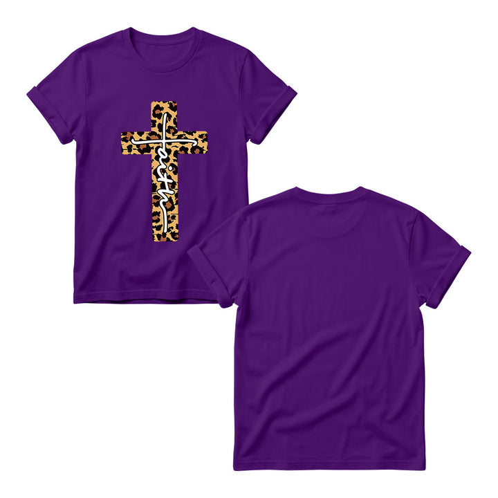 Christianartworkshop Leopardenmuster-T-Shirt mit handgeschriebenem Buchstaben „Glaube“ und vertikalem Kreuz – Damen-Rundhals-Shirt - image 5