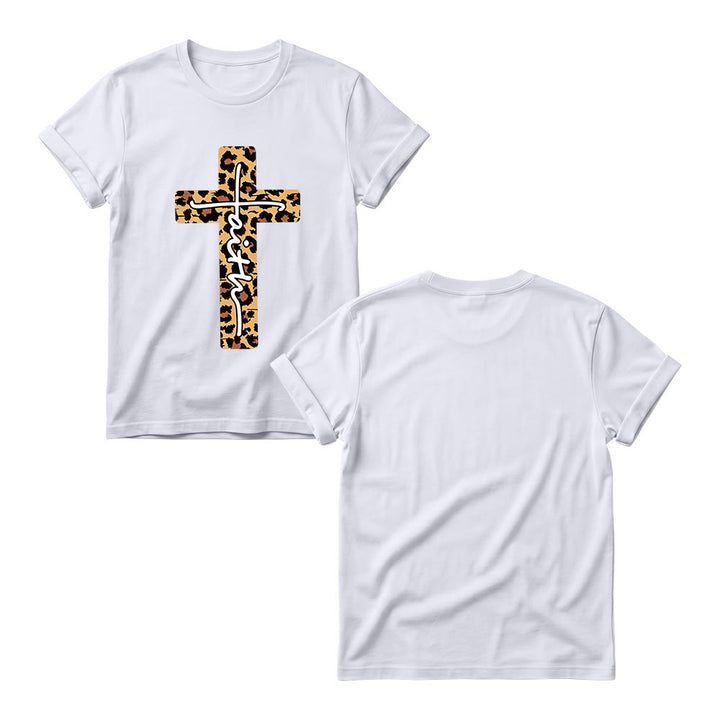 Christianartworkshop Leopardenmuster-T-Shirt mit handgeschriebenem Buchstaben „Glaube“ und vertikalem Kreuz – Damen-Rundhals-Shirt - image 3