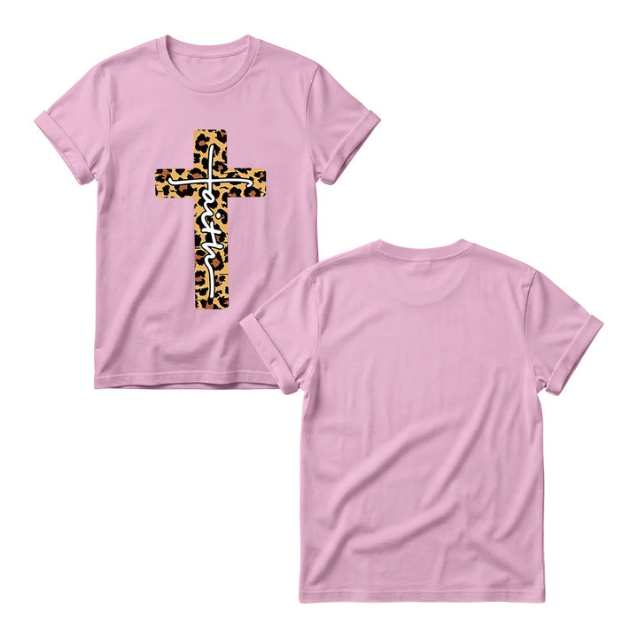 Christianartworkshop Leopardenmuster-T-Shirt mit handgeschriebenem Buchstaben „Glaube“ und vertikalem Kreuz – Damen-Rundhals-Shirt - image 11