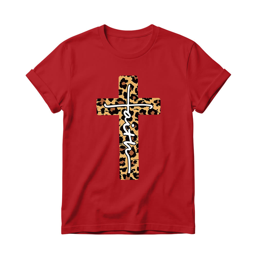 Christianartworkshop Leopardenmuster-T-Shirt mit handgeschriebenem Buchstaben „Glaube“ und vertikalem Kreuz – Damen-Rundhals-Shirt - Rot - 4XL - image 14