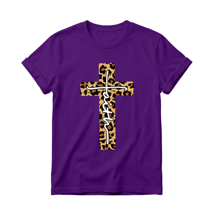 Christianartworkshop Leopardenmuster-T-Shirt mit handgeschriebenem Buchstaben „Glaube“ und vertikalem Kreuz – Damen-Rundhals-Shirt - Lila - 4XL - image 4