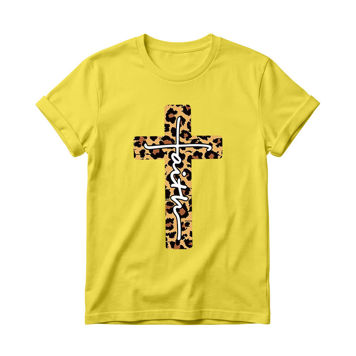 Christianartworkshop Leopardenmuster-T-Shirt mit handgeschriebenem Buchstaben „Glaube“ und vertikalem Kreuz – Damen-Rundhals-Shirt - Gelb - 4XL - image 0