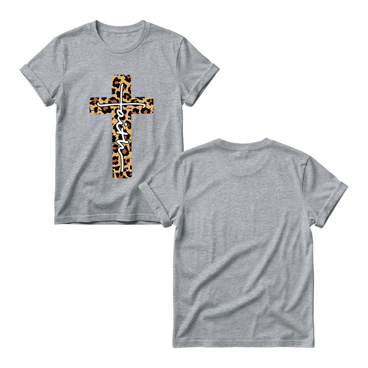 Christianartworkshop Leopardenmuster-T-Shirt mit handgeschriebenem Buchstaben „Glaube“ und vertikalem Kreuz – Damen-Rundhals-Shirt - image 13
