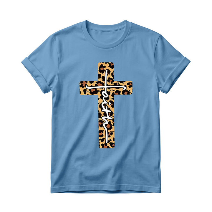 Christianartworkshop Leopardenmuster-T-Shirt mit handgeschriebenem Buchstaben „Glaube“ und vertikalem Kreuz – Damen-Rundhals-Shirt - Blau - 4XL - image 6