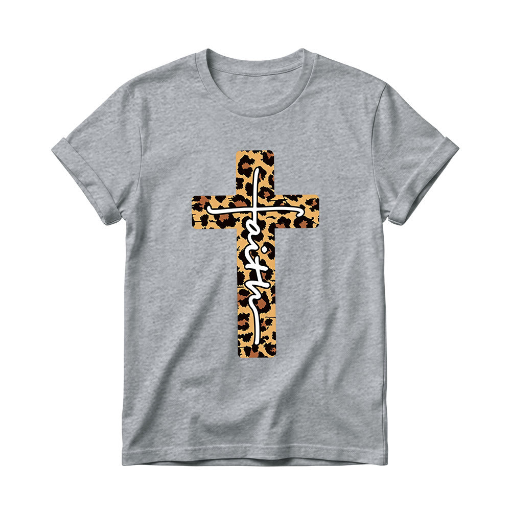 Christianartworkshop Leopardenmuster-T-Shirt mit handgeschriebenem Buchstaben „Glaube“ und vertikalem Kreuz – Damen-Rundhals-Shirt - Grau - 4XL - image 12