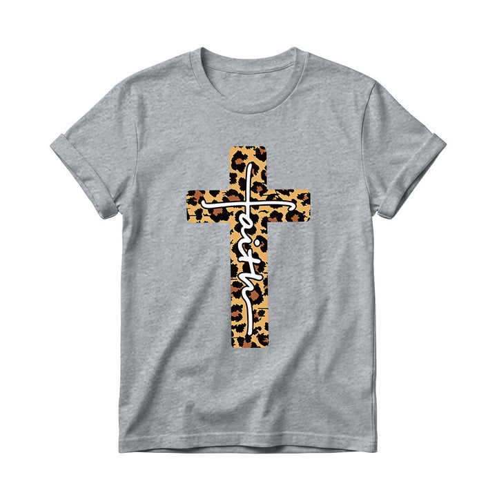 Christianartworkshop Leopardenmuster-T-Shirt mit handgeschriebenem Buchstaben „Glaube“ und vertikalem Kreuz – Damen-Rundhals-Shirt - Grau - 4XL - image 12