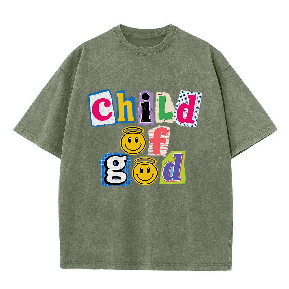 Christianartworkshop T-Shirt mit ausgeschnittenem Collage-Motiv, Smiley-Gesicht und Aufdruck „Kind Gottes“, gewaschenes Vorderteil - Armeegrün - 5XL - image 8