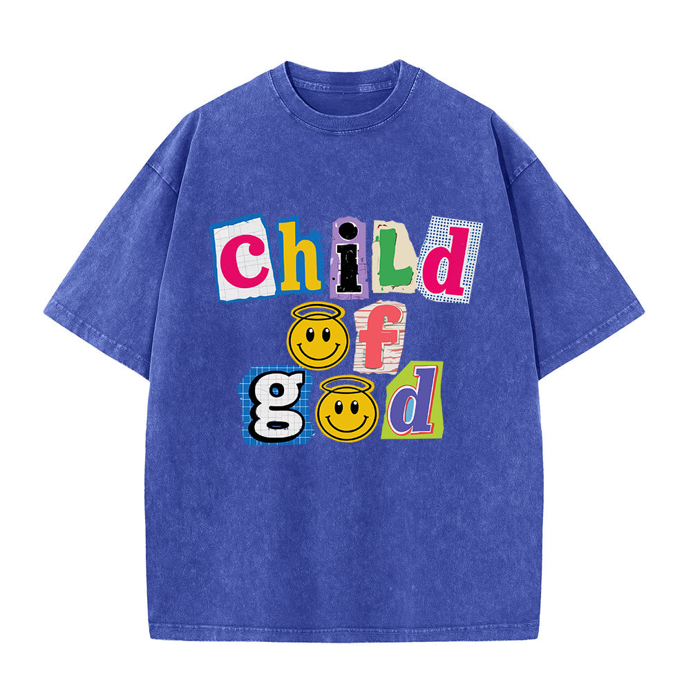 Christianartworkshop T-Shirt mit ausgeschnittenem Collage-Motiv, Smiley-Gesicht und Aufdruck „Kind Gottes“, gewaschenes Vorderteil - Blau - 5XL - image 4