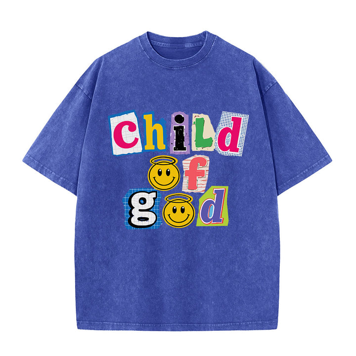 Christianartworkshop T-Shirt mit ausgeschnittenem Collage-Motiv, Smiley-Gesicht und Aufdruck „Kind Gottes“, gewaschenes Vorderteil - Blau - 5XL - image 4