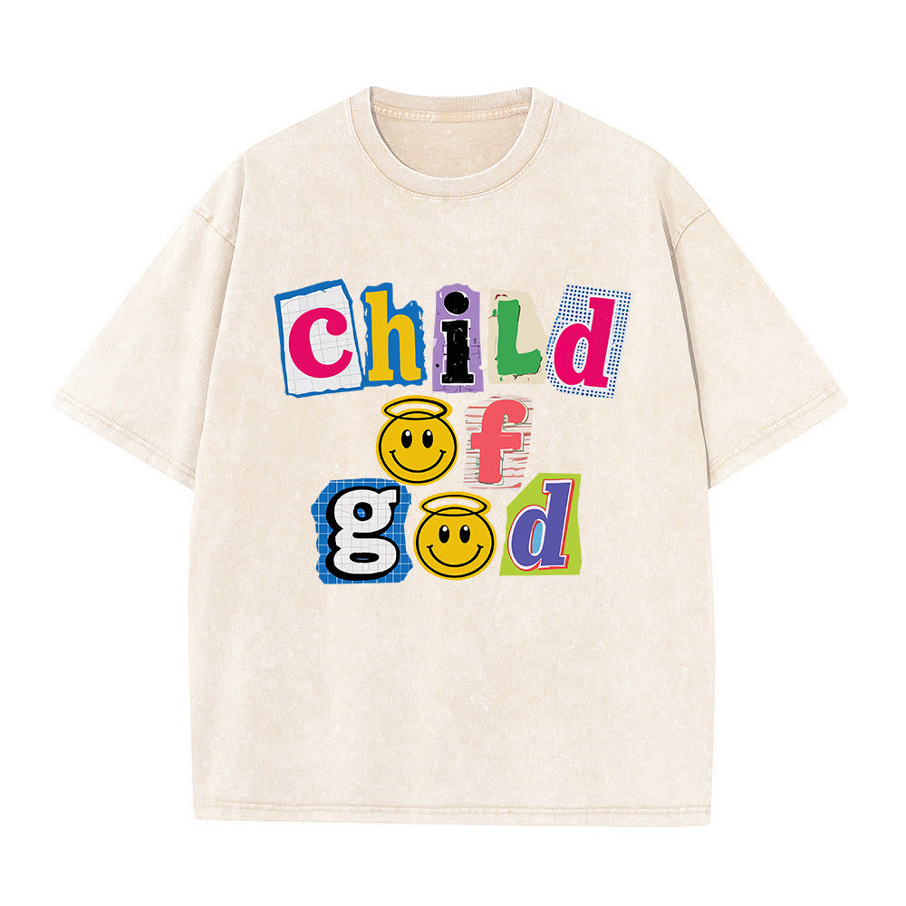 Christianartworkshop T-Shirt mit ausgeschnittenem Collage-Motiv, Smiley-Gesicht und Aufdruck „Kind Gottes“, gewaschenes Vorderteil - Beige - 5XL - image 1
