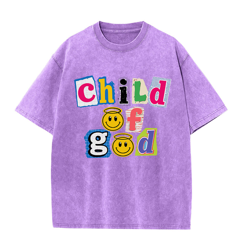 Christianartworkshop T-Shirt mit ausgeschnittenem Collage-Motiv, Smiley-Gesicht und Aufdruck „Kind Gottes“, gewaschenes Vorderteil - Lila - 5XL - image 6