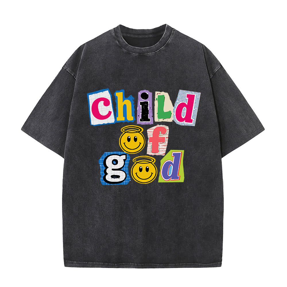 Christianartworkshop T-Shirt mit ausgeschnittenem Collage-Motiv, Smiley-Gesicht und Aufdruck „Kind Gottes“, gewaschenes Vorderteil - Schwarz - 5XL - image 0