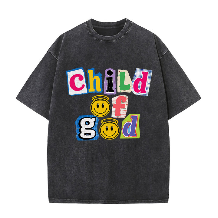 Christianartworkshop T-Shirt mit ausgeschnittenem Collage-Motiv, Smiley-Gesicht und Aufdruck „Kind Gottes“, gewaschenes Vorderteil - Schwarz - 5XL - image 0
