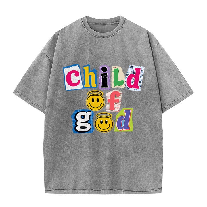 Christianartworkshop T-Shirt mit ausgeschnittenem Collage-Motiv, Smiley-Gesicht und Aufdruck „Kind Gottes“, gewaschenes Vorderteil - Grau - 5XL - image 3