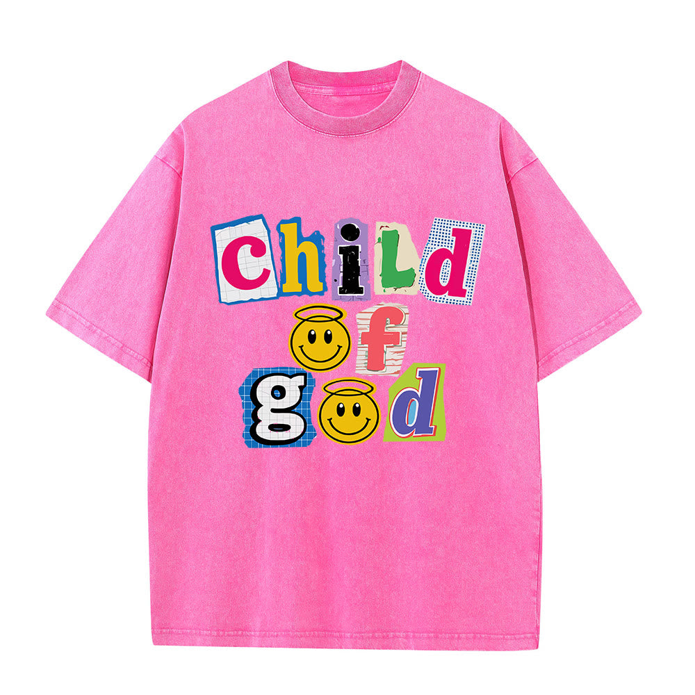 Christianartworkshop T-Shirt mit ausgeschnittenem Collage-Motiv, Smiley-Gesicht und Aufdruck „Kind Gottes“, gewaschenes Vorderteil - Rosa - 5XL - image 7