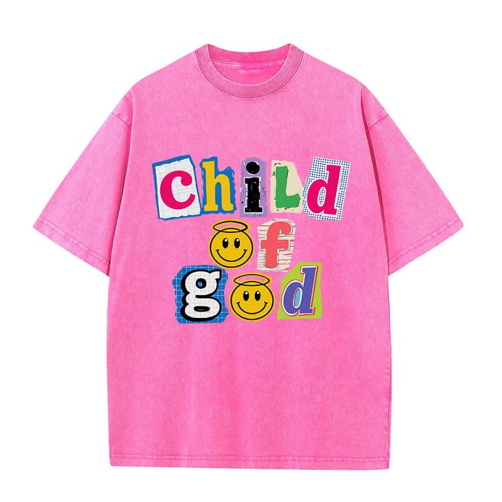Christianartworkshop T-Shirt mit ausgeschnittenem Collage-Motiv, Smiley-Gesicht und Aufdruck „Kind Gottes“, gewaschenes Vorderteil - Rosa - 5XL - image 7