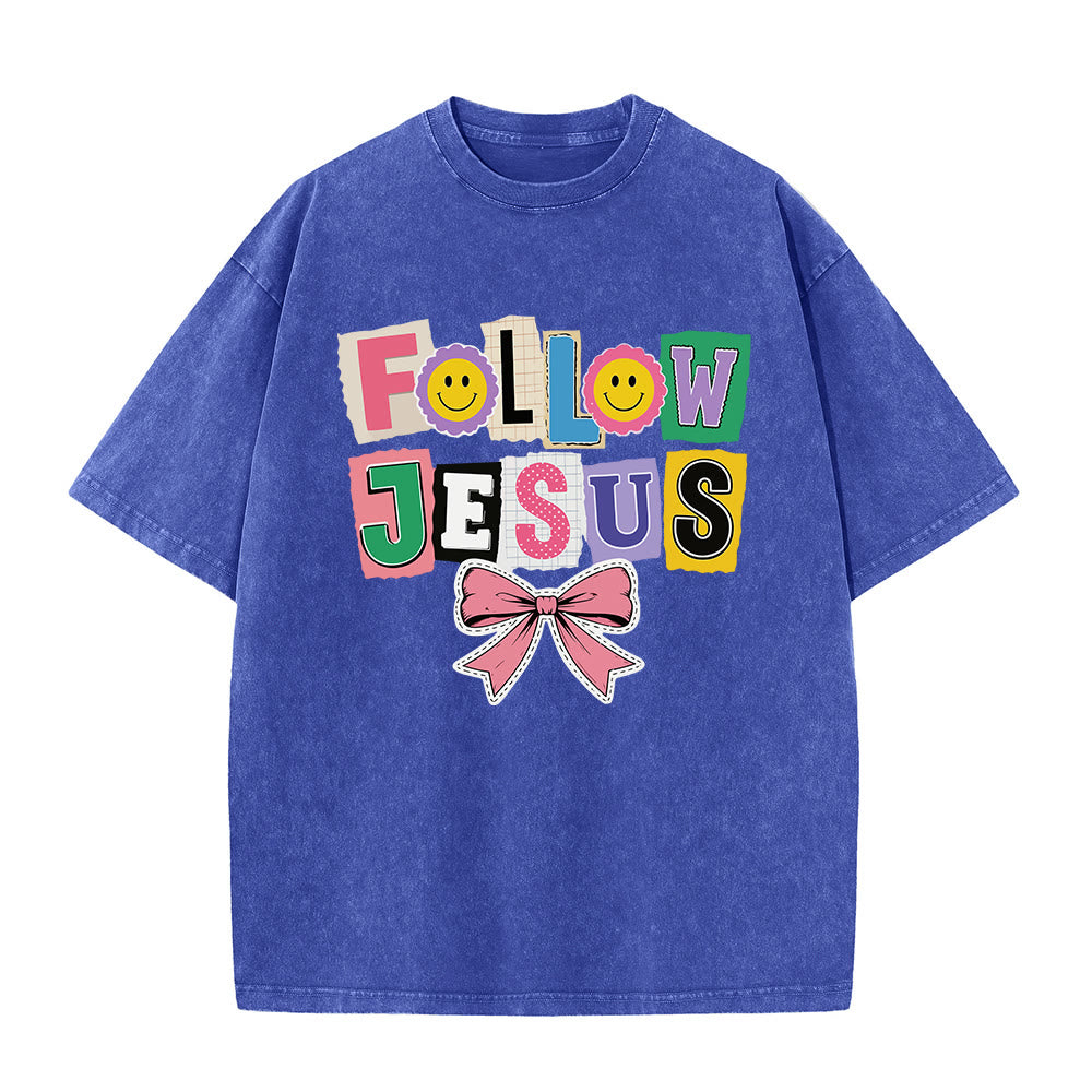 Christianartworkshop Scrapbook-Brief „Folge Jesus“ Smiley-Verzierung Schleifenornament Gewaschenes T-Shirt - Blau - 5XL - image 5